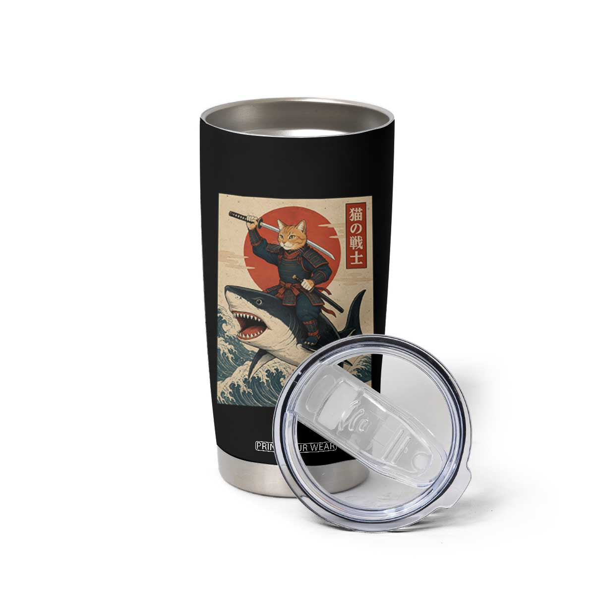 Funny Samurai Cat Riding Shark Tumbler Cup Vintage Japanese Ukiyoe TS12 Print Your Wear