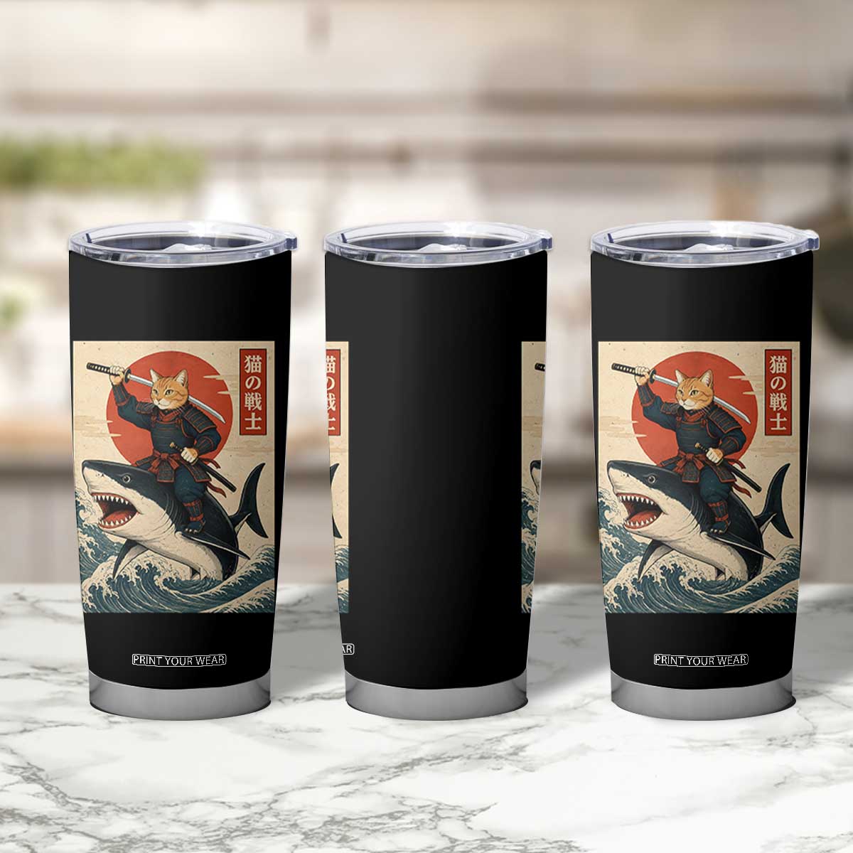 Funny Samurai Cat Riding Shark Tumbler Cup Vintage Japanese Ukiyoe TS12 Print Your Wear