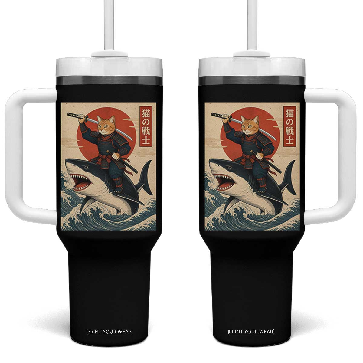Funny Samurai Cat Riding Shark Tumbler With Handle Vintage Japanese Ukiyoe TS12 One Size: 40 oz Black Print Your Wear