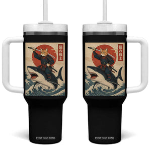 Funny Samurai Cat Riding Shark Tumbler With Handle Vintage Japanese Ukiyoe TS12 One Size: 40 oz Black Print Your Wear
