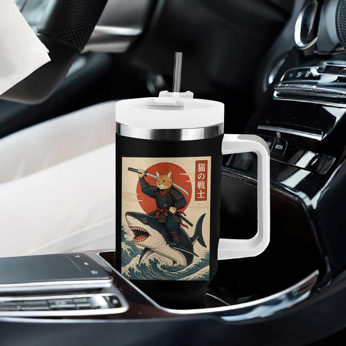 Funny Samurai Cat Riding Shark Tumbler With Handle Vintage Japanese Ukiyoe TS12 Print Your Wear