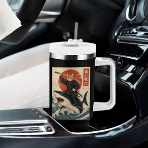 Funny Samurai Cat Riding Shark Tumbler With Handle Vintage Japanese Ukiyoe TS12 Print Your Wear