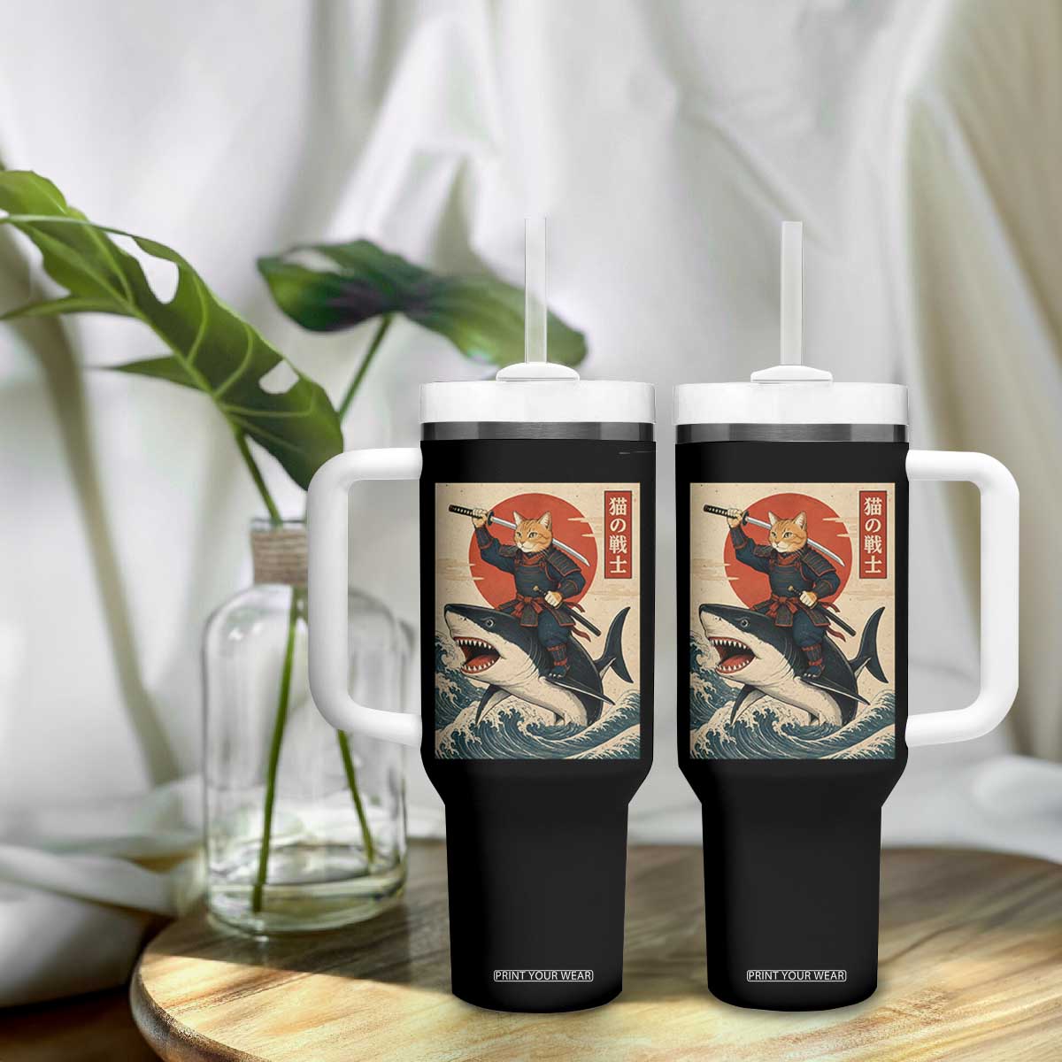 Funny Samurai Cat Riding Shark Tumbler With Handle Vintage Japanese Ukiyoe TS12 Print Your Wear