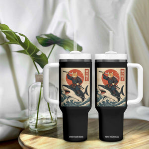 Funny Samurai Cat Riding Shark Tumbler With Handle Vintage Japanese Ukiyoe TS12 Print Your Wear