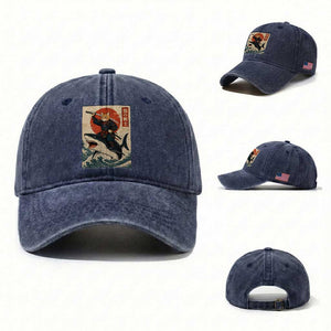 Funny Samurai Cat Riding Shark Washed Cotton Baseball Cap Vintage Japanese Ukiyoe TS12 Washed Cap Universal Fit Navy Print Your Wear