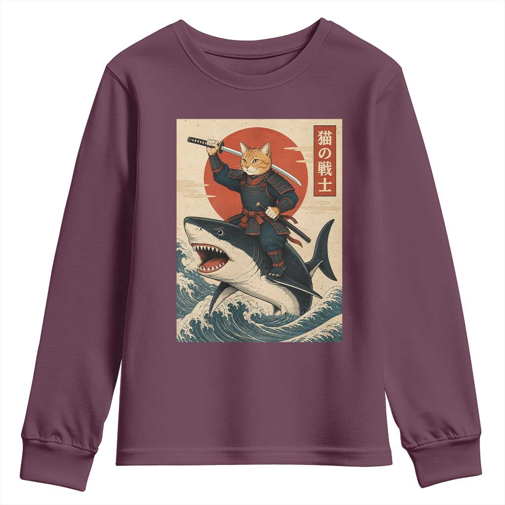 Funny Samurai Cat Riding Shark Youth Sweatshirt Vintage Japanese Ukiyoe TS12 Maroon Print Your Wear