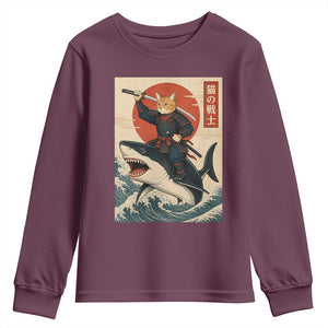 Funny Samurai Cat Riding Shark Youth Sweatshirt Vintage Japanese Ukiyoe TS12 Maroon Print Your Wear