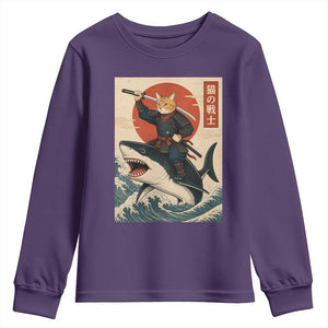 Funny Samurai Cat Riding Shark Youth Sweatshirt Vintage Japanese Ukiyoe TS12 Purple Print Your Wear
