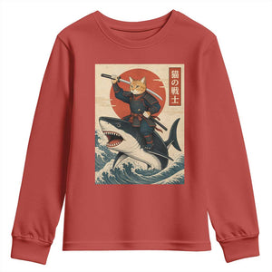 Funny Samurai Cat Riding Shark Youth Sweatshirt Vintage Japanese Ukiyoe TS12 Red Print Your Wear