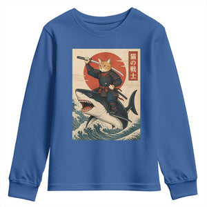Funny Samurai Cat Riding Shark Youth Sweatshirt Vintage Japanese Ukiyoe TS12 Royal Blue Print Your Wear