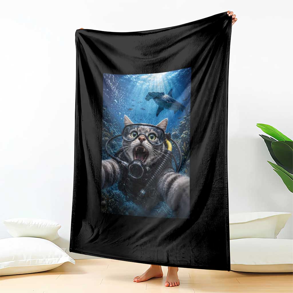 Funny Scuba Diving Cat Selfie With Hammerhead Shark Throw Blanket TS12 Print Your Wear