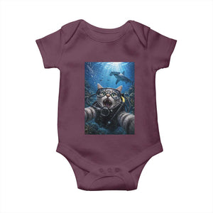 Funny Scuba Diving Cat Selfie With Hammerhead Shark Baby Onesie TS12 Maroon Print Your Wear