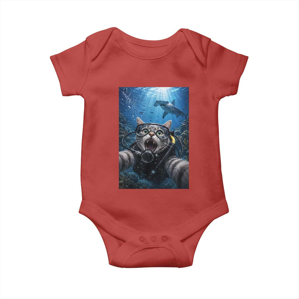 Funny Scuba Diving Cat Selfie With Hammerhead Shark Baby Onesie TS12 Red Print Your Wear