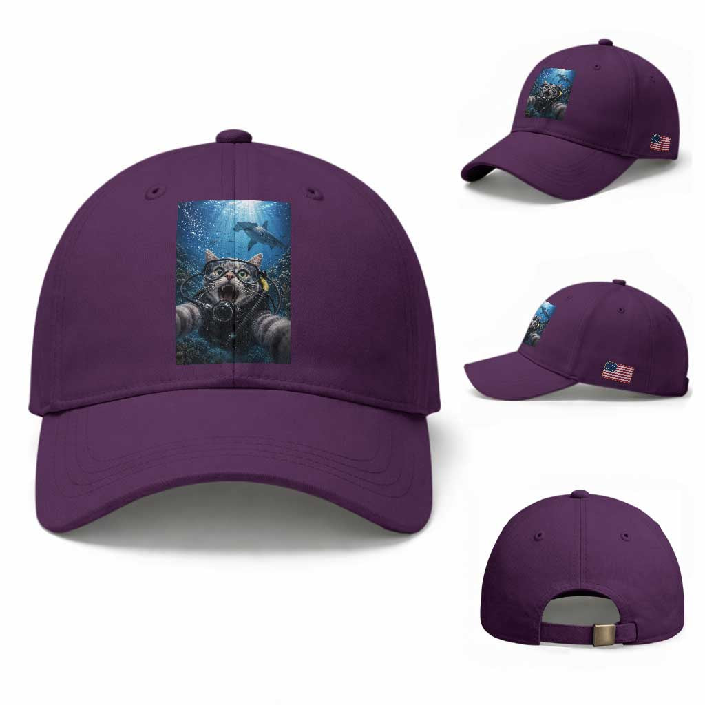 Funny Scuba Diving Cat Selfie With Hammerhead Shark Baseball Cap TS12 Baseball Cap Universal Fit Purple Print Your Wear