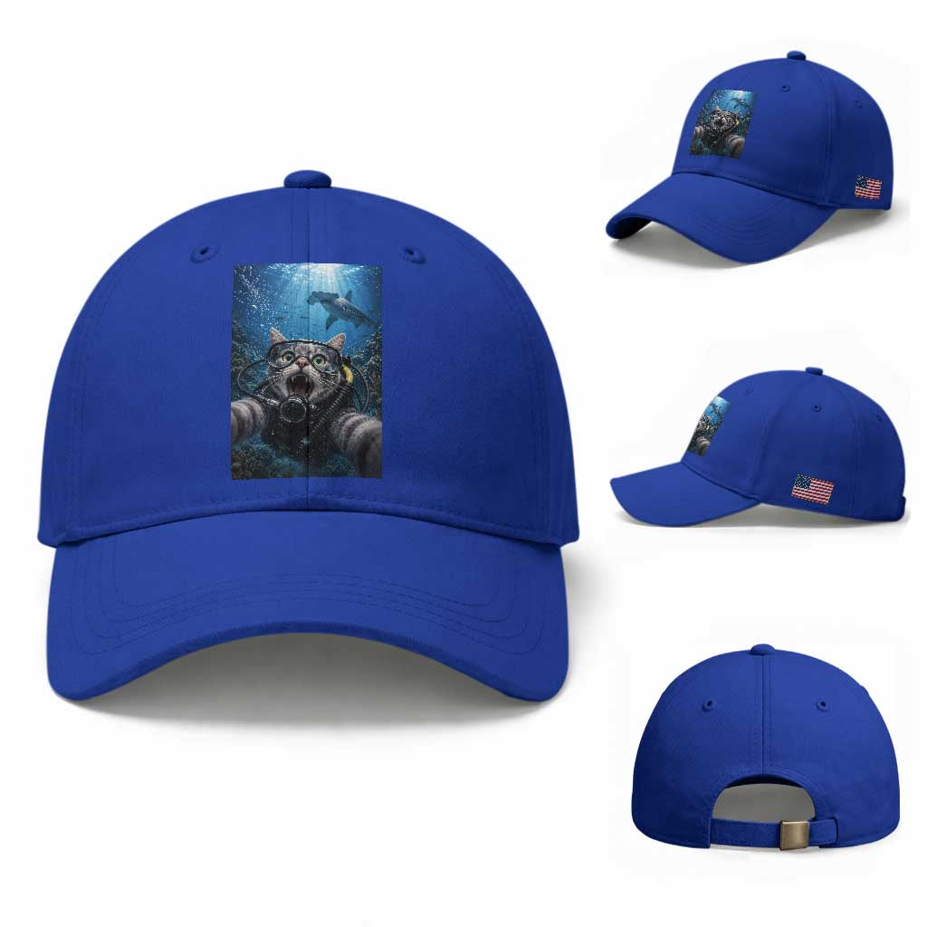 Funny Scuba Diving Cat Selfie With Hammerhead Shark Baseball Cap TS12 Baseball Cap Universal Fit Royal Blue Print Your Wear