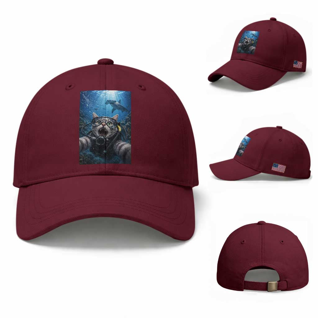 Funny Scuba Diving Cat Selfie With Hammerhead Shark Baseball Cap TS12 Baseball Cap Universal Fit Maroon Print Your Wear