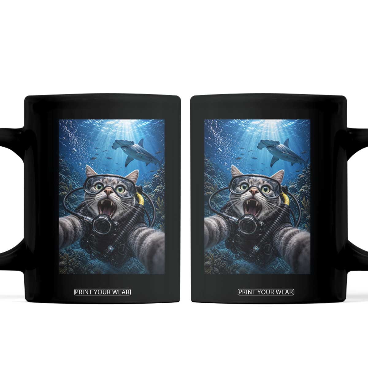 Funny Scuba Diving Cat Selfie With Hammerhead Shark Coffee Mug TS12 Black Print Your Wear