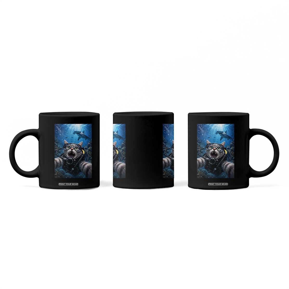 Funny Scuba Diving Cat Selfie With Hammerhead Shark Coffee Mug TS12 Print Your Wear