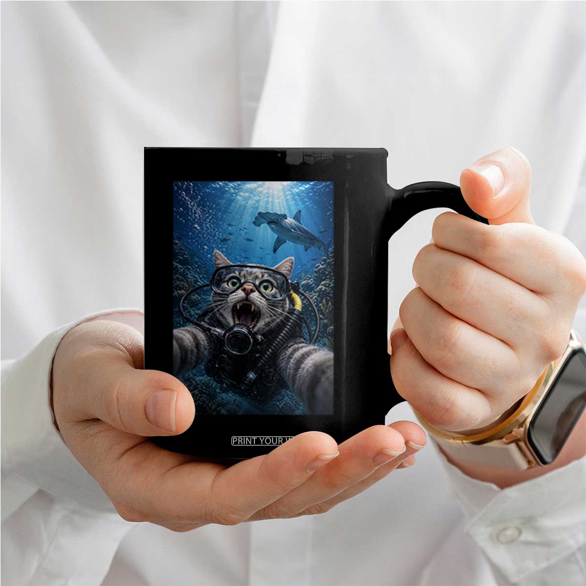 Funny Scuba Diving Cat Selfie With Hammerhead Shark Coffee Mug TS12 Print Your Wear