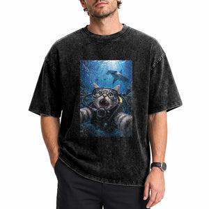 Funny Scuba Diving Cat Selfie With Hammerhead Shark Washed Cotton T-Shirt