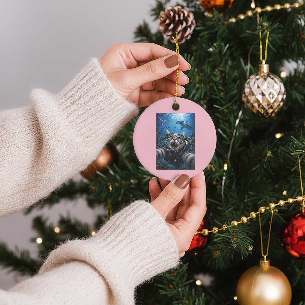 Funny Scuba Diving Cat Selfie With Hammerhead Shark Ceramic Ornament TS12 1pc Light Pink Print Your Wear