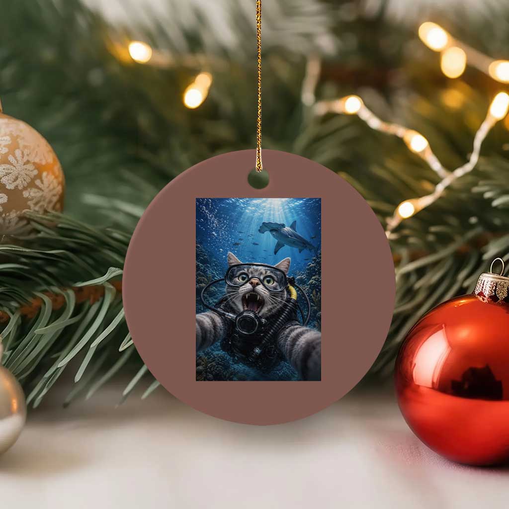Funny Scuba Diving Cat Selfie With Hammerhead Shark Ceramic Ornament TS12 1pc Mocha Print Your Wear