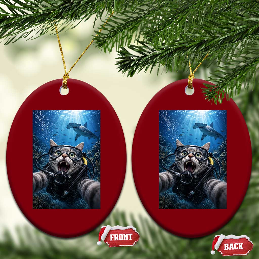 Funny Scuba Diving Cat Selfie With Hammerhead Shark Ceramic Ornament TS12 Print Your Wear