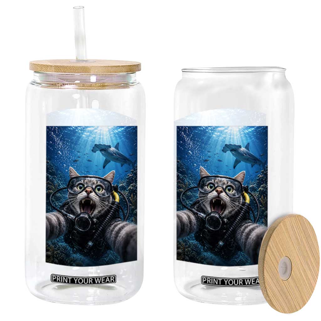 Funny Scuba Diving Cat Selfie With Hammerhead Shark Glass Can TS12 Print Your Wear