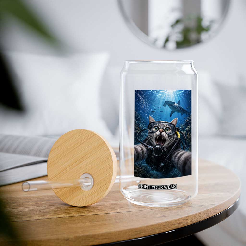 Funny Scuba Diving Cat Selfie With Hammerhead Shark Glass Can TS12 Print Your Wear