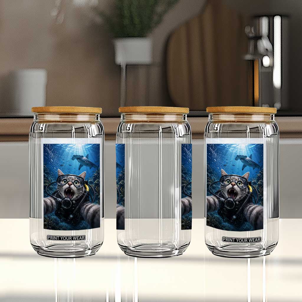 Funny Scuba Diving Cat Selfie With Hammerhead Shark Glass Can TS12 Print Your Wear