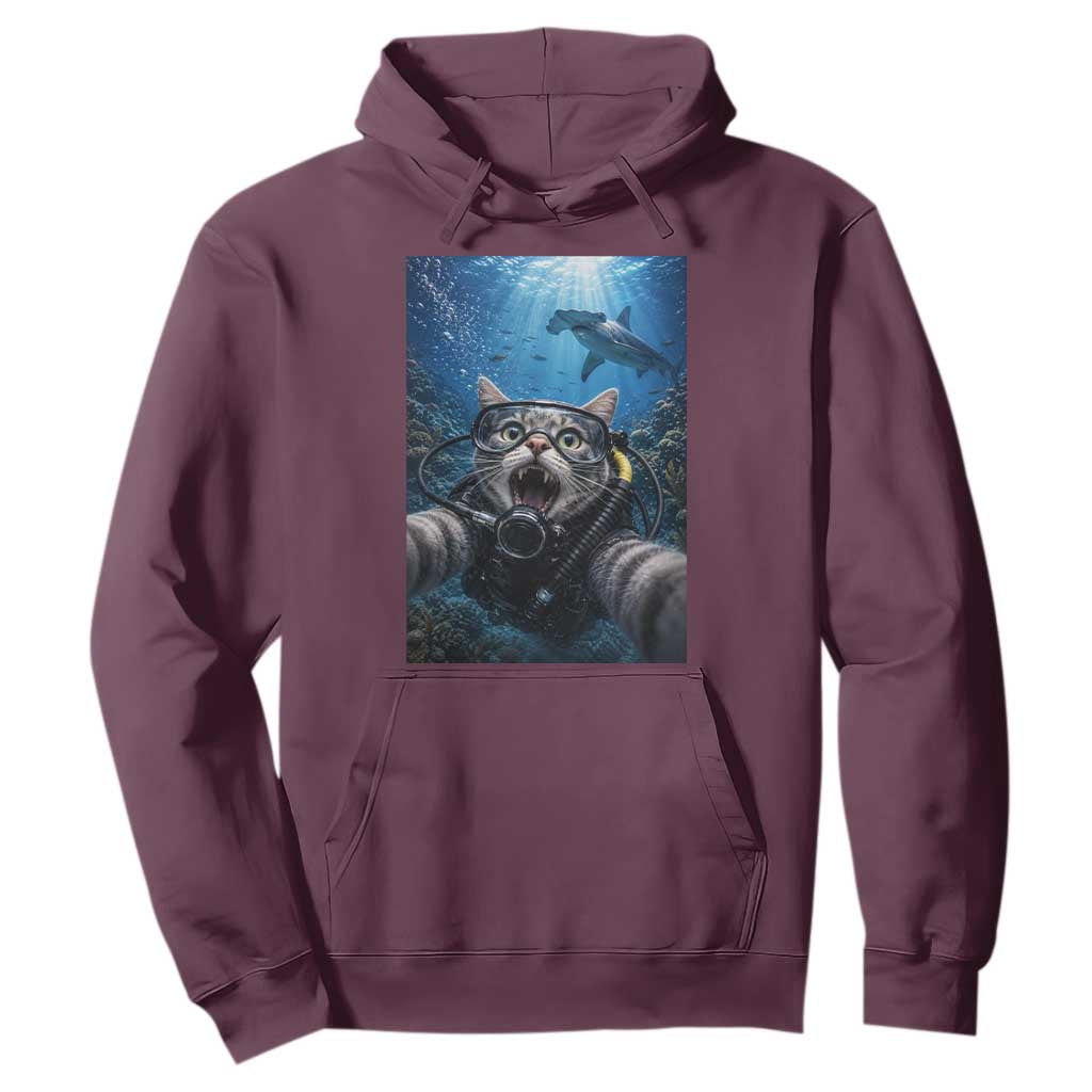 Funny Scuba Diving Cat Selfie With Hammerhead Shark Hoodie TS12 Maroon Print Your Wear