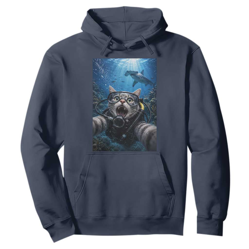 Funny Scuba Diving Cat Selfie With Hammerhead Shark Hoodie TS12 Navy Print Your Wear