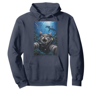 Funny Scuba Diving Cat Selfie With Hammerhead Shark Hoodie TS12 Navy Print Your Wear