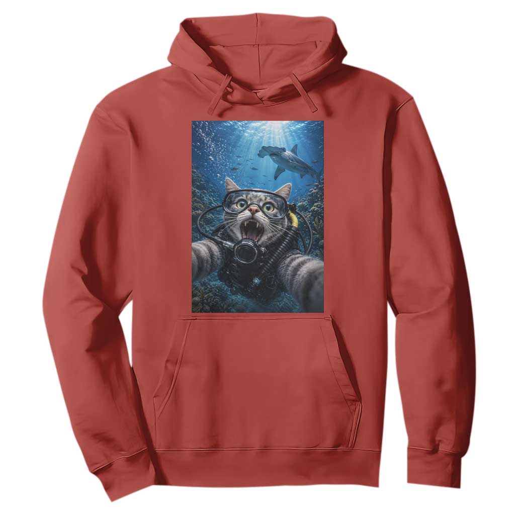 Funny Scuba Diving Cat Selfie With Hammerhead Shark Hoodie TS12 Red Print Your Wear