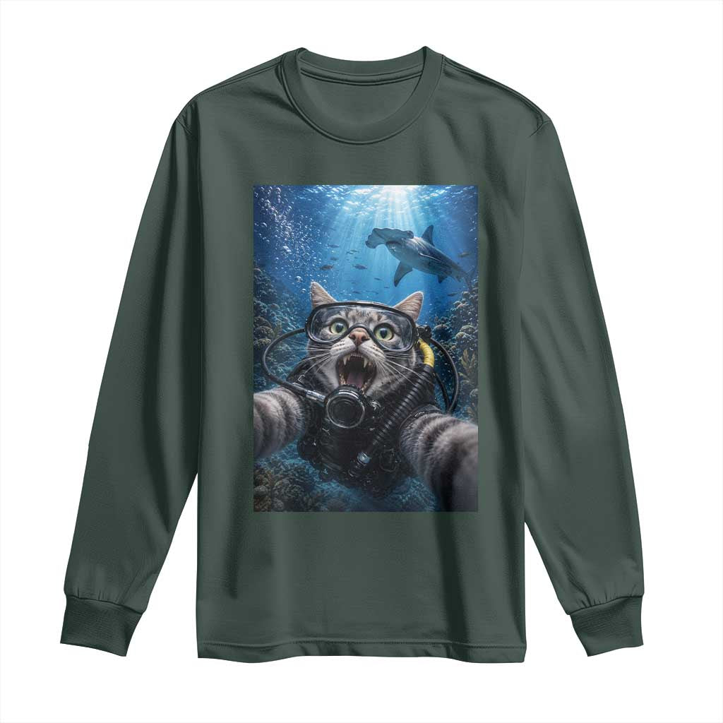 Funny Scuba Diving Cat Selfie With Hammerhead Shark Long Sleeve Shirt TS12 Dark Forest Green Print Your Wear