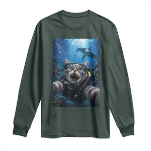 Funny Scuba Diving Cat Selfie With Hammerhead Shark Long Sleeve Shirt TS12 Dark Forest Green Print Your Wear