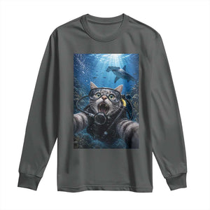 Funny Scuba Diving Cat Selfie With Hammerhead Shark Long Sleeve Shirt TS12 Dark Heather Print Your Wear