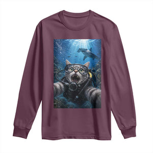 Funny Scuba Diving Cat Selfie With Hammerhead Shark Long Sleeve Shirt TS12 Maroon Print Your Wear