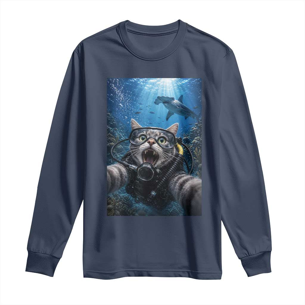 Funny Scuba Diving Cat Selfie With Hammerhead Shark Long Sleeve Shirt TS12 Navy Print Your Wear