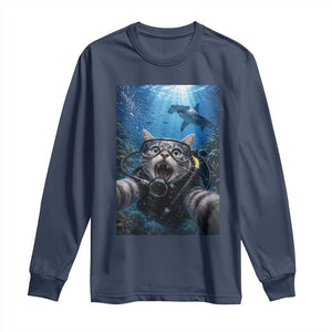 Funny Scuba Diving Cat Selfie With Hammerhead Shark Long Sleeve Shirt TS12 Navy Print Your Wear