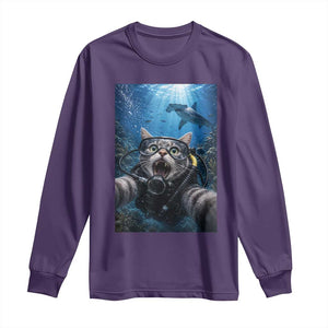 Funny Scuba Diving Cat Selfie With Hammerhead Shark Long Sleeve Shirt TS12 Purple Print Your Wear