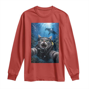 Funny Scuba Diving Cat Selfie With Hammerhead Shark Long Sleeve Shirt TS12 Red Print Your Wear