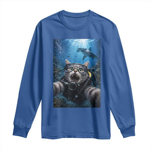Funny Scuba Diving Cat Selfie With Hammerhead Shark Long Sleeve Shirt TS12 Royal Blue Print Your Wear