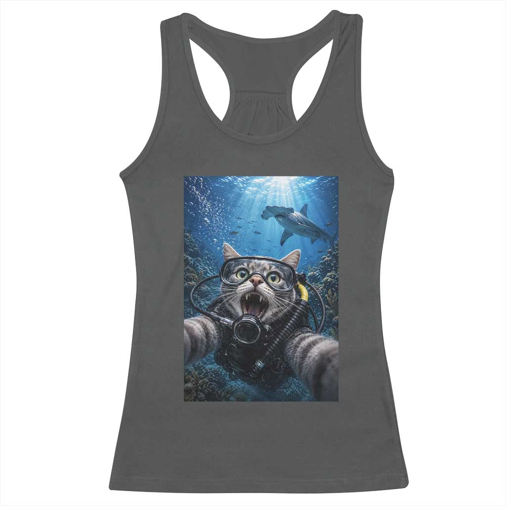 Funny Scuba Diving Cat Selfie With Hammerhead Shark Racerback Tank Top TS12 Dark Heather Print Your Wear