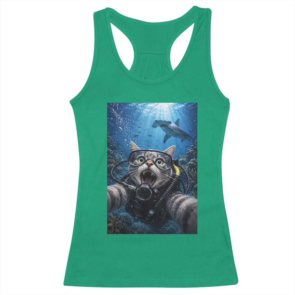 Funny Scuba Diving Cat Selfie With Hammerhead Shark Racerback Tank Top TS12 Irish Green Print Your Wear