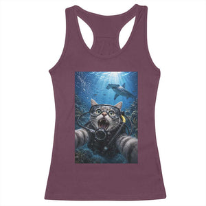 Funny Scuba Diving Cat Selfie With Hammerhead Shark Racerback Tank Top TS12 Maroon Print Your Wear