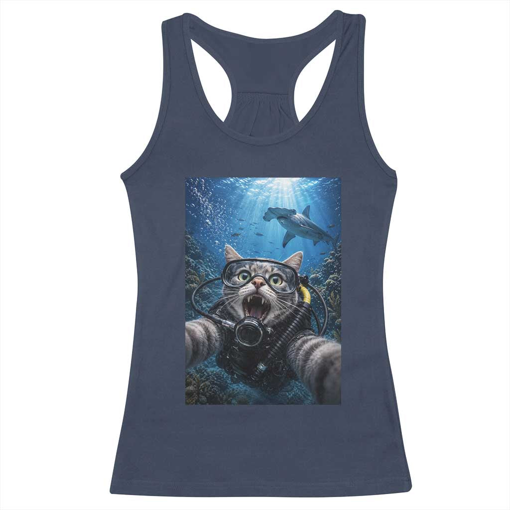 Funny Scuba Diving Cat Selfie With Hammerhead Shark Racerback Tank Top TS12 Navy Print Your Wear