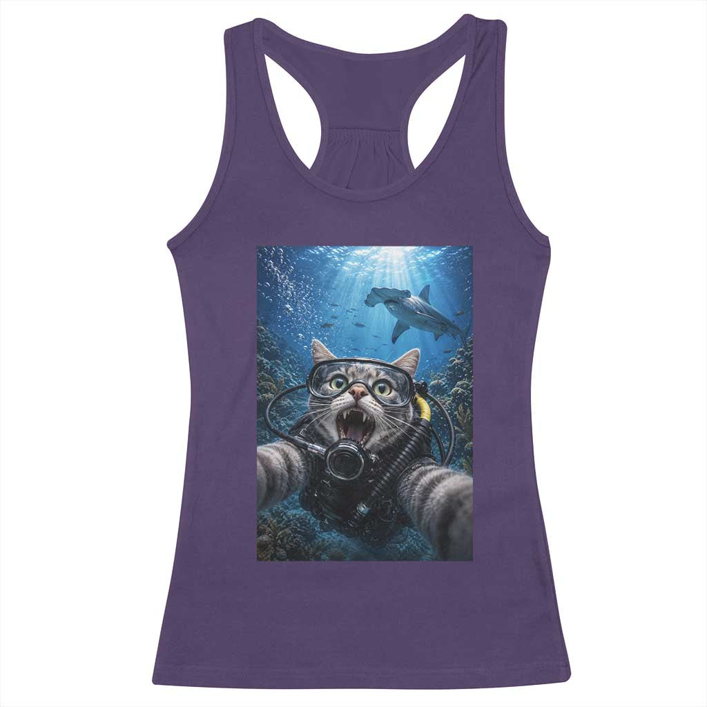 Funny Scuba Diving Cat Selfie With Hammerhead Shark Racerback Tank Top TS12 Purple Print Your Wear