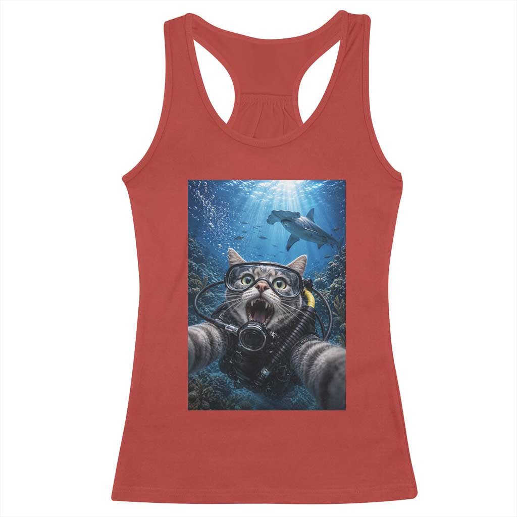 Funny Scuba Diving Cat Selfie With Hammerhead Shark Racerback Tank Top TS12 Red Print Your Wear