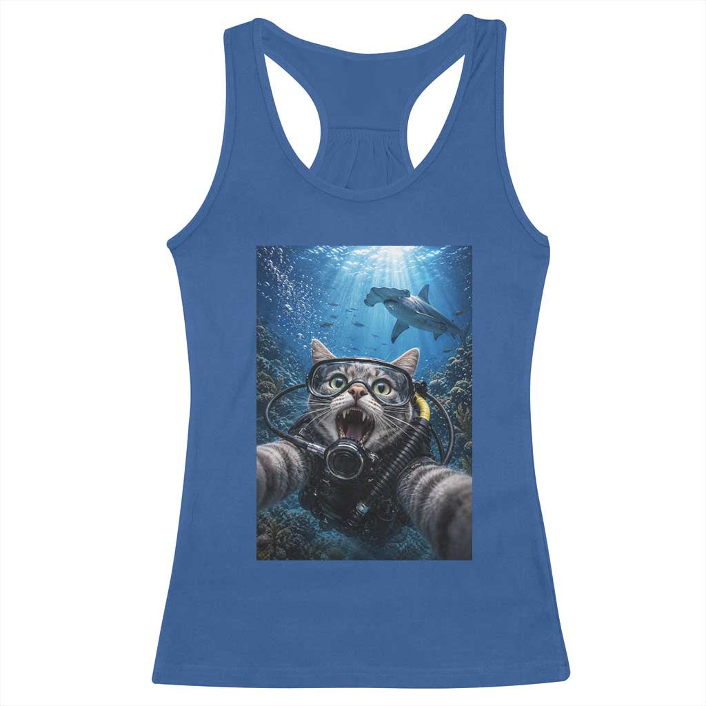 Funny Scuba Diving Cat Selfie With Hammerhead Shark Racerback Tank Top TS12 Royal Blue Print Your Wear